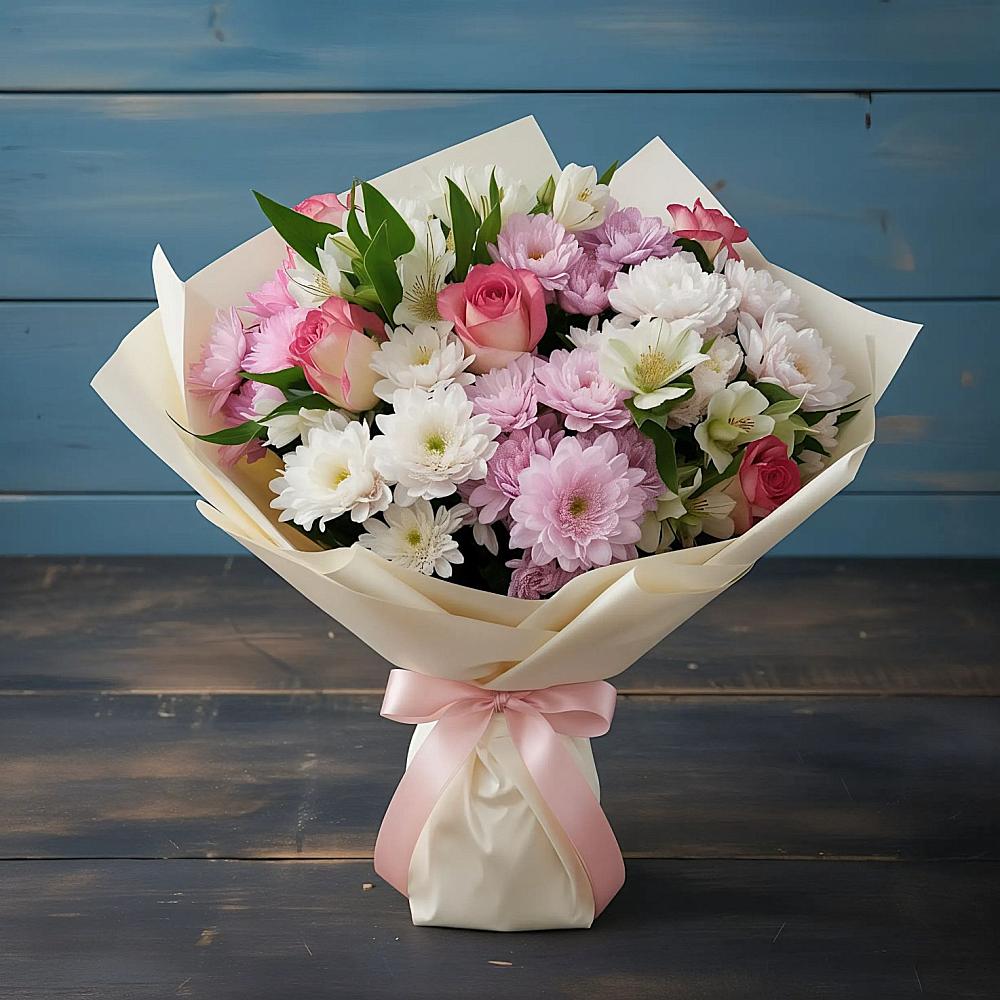 Букет цветов из: Хризантемы, Альстромерии и Розы в Качалинской